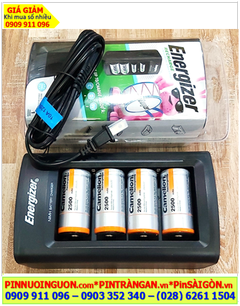 Energizer CHFC _Bộ sạc 4viên pin đại D 1.2v -Kèm sẳn 4 Pin sạc Camelion NH-D2500BP2 (D2500mAh-1.2v) chính hãng